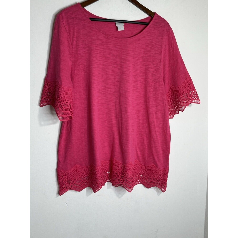 Chicos Sz 3 Knit Crochet Flamingo Pink Short sleeve blouse (13)